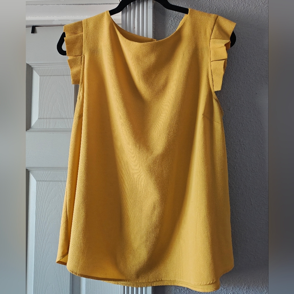 Monteau Mustard Sleeveless Blouse with Ruffle Accent